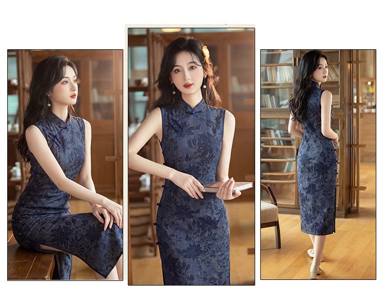 Blue Floral Jacquard Qipao Cheongsam Bodycon Midi Dress