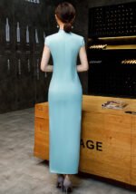 Light Blue Satin Floral Bird Print Long Cheongsam