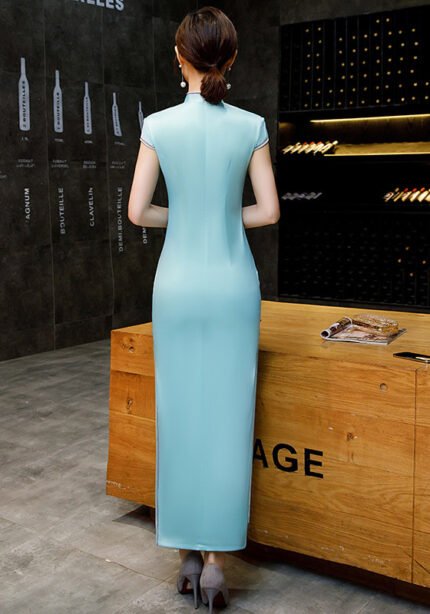 Light Blue Satin Floral Bird Print Long Cheongsam