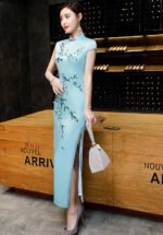 Light Blue Satin Floral Bird Print Long Cheongsam