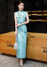 Light Blue Satin Floral Bird Print Long Cheongsam