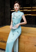 Light Blue Satin Floral Bird Print Long Cheongsam