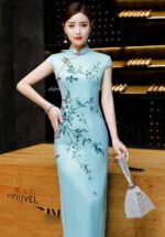 Light Blue Satin Floral Bird Print Long Cheongsam