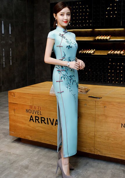 Light Blue Satin Floral Bird Print Long Cheongsam