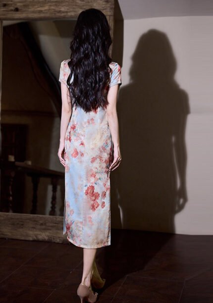 Vintage Watercolor Floral Qipao Cheongsam Midi Bodycon Dress