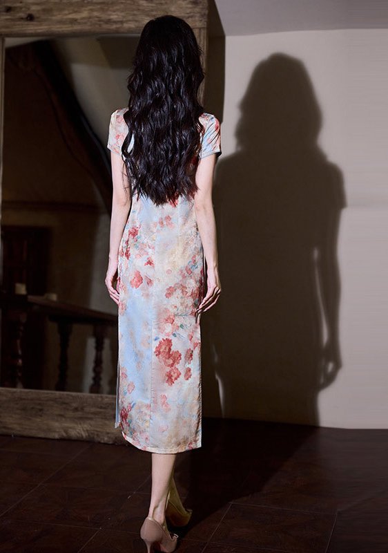 Vintage Watercolor Floral Qipao Cheongsam Midi Bodycon Dress