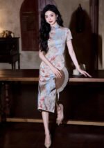 Vintage Watercolor Floral Qipao Cheongsam Midi Bodycon Dress