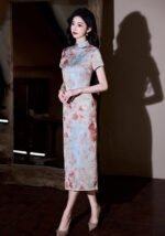 Vintage Watercolor Floral Qipao Cheongsam Midi Bodycon Dress