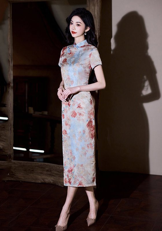 Vintage Watercolor Floral Qipao Cheongsam Midi Bodycon Dress