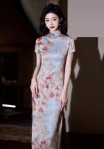 Vintage Watercolor Floral Qipao Cheongsam Midi Bodycon Dress