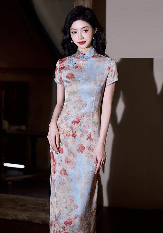 Vintage Watercolor Floral Qipao Cheongsam Midi Bodycon Dress