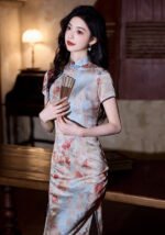 Vintage Watercolor Floral Qipao Cheongsam Midi Bodycon Dress