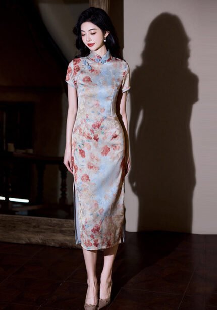 Vintage Watercolor Floral Qipao Cheongsam Midi Bodycon Dress